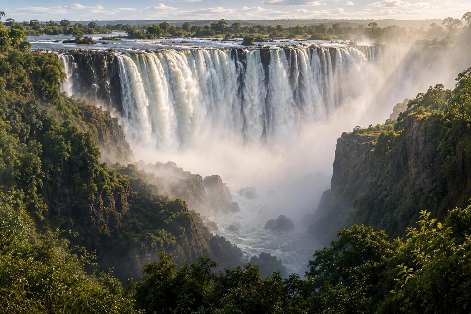 A broad waterfall dropping into a misted gorge