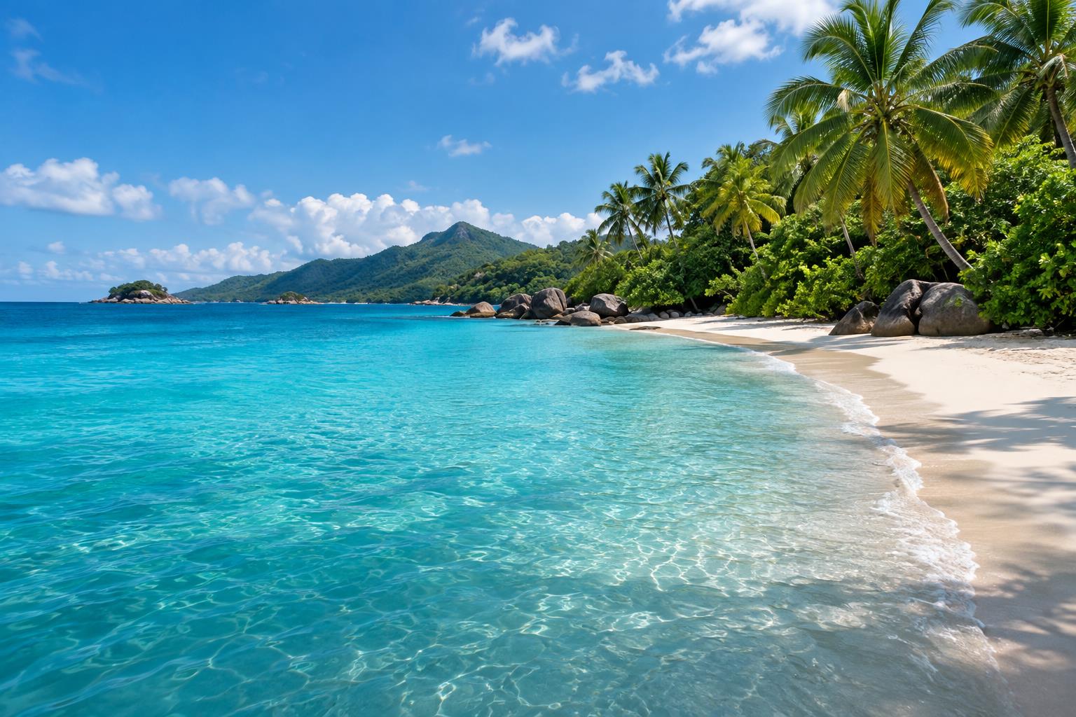 Turquoise water meeting a palm-lined white sand beach