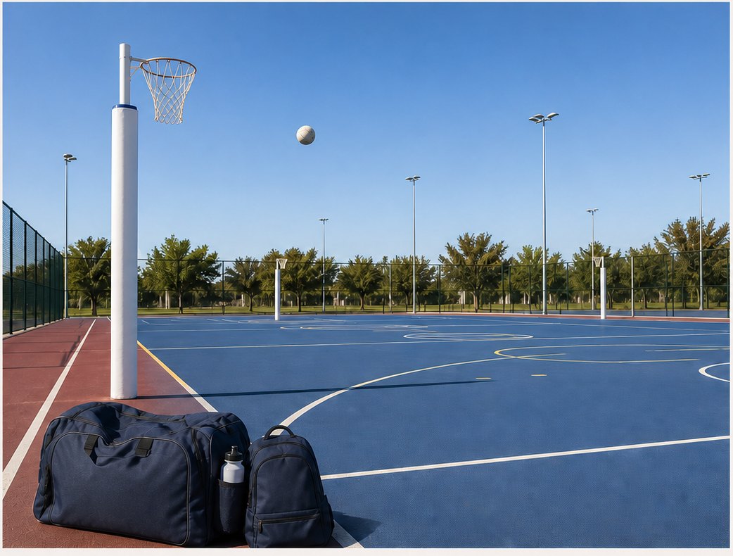 An empty netball court with a ball in flight towards the ring