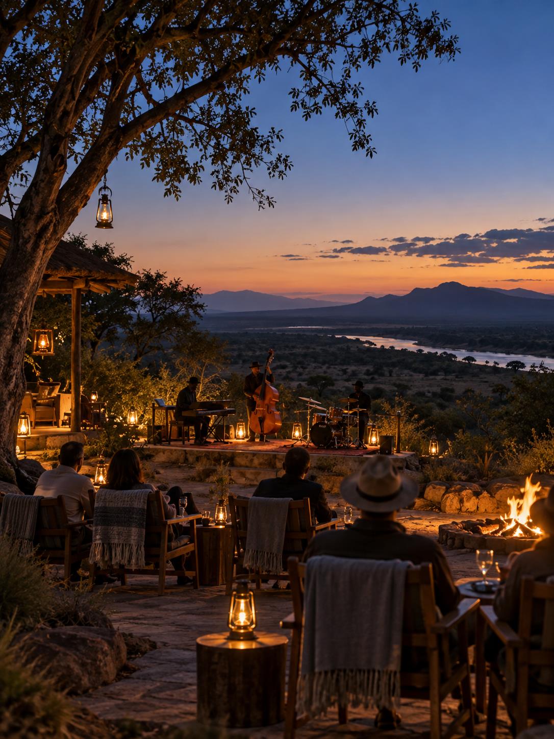 A band playing on a lantern-lit terrace above a river valley at dusk